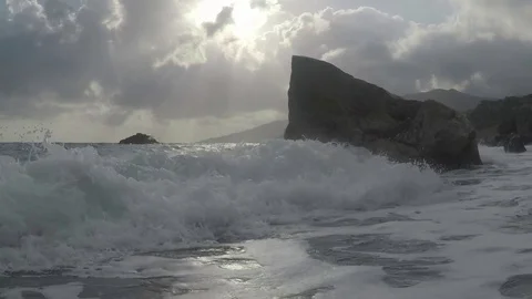Waves in an Exotic Rocky Beach - Slow Motion Stock Footage 75903230