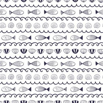 Waves, fish, seashells nautical seamless pattern Stock Illustration
