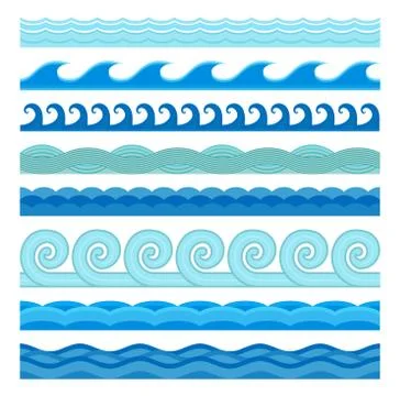 Waves flat style vector seamless icons collection Illustrazione stock