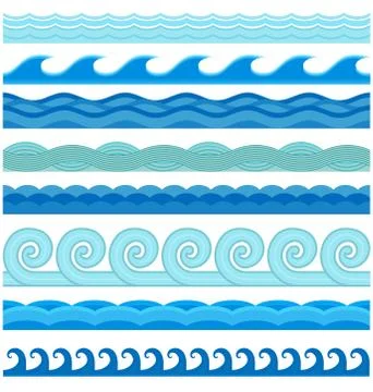 Waves flat style vector seamless icons collection Stock Illustration