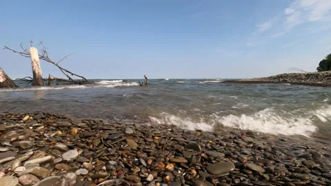 Waves flooding pebble beach and driftwood. Stock Footage 158055561