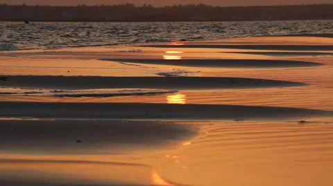 Waves Flow onto Beach - Sunset, Golden Hour, Nature Stock Footage 55304395