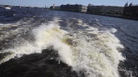 Waves Foam Behind A Ferry fast Cruising Ship. Saint Petersburg. Russia Stock Footage 312328797