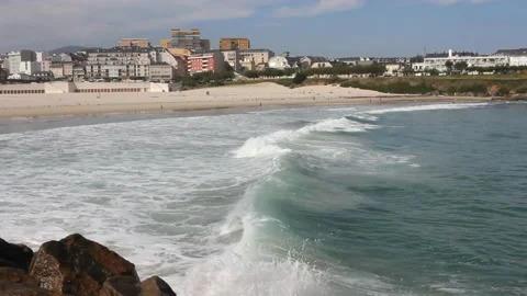 Waves in front of Rapadoira beach in Foz, Spain Stock Footage 234326084
