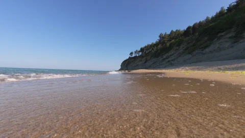 Waves gently roll onto a quiet sandy beach at the base of a forested cliff under Stock Footage 313810387