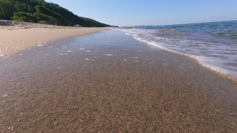 Waves gently roll onto a quiet sandy beach at the base of a forested cliff under Stock Footage 313811411