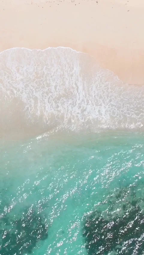 Waves gently wash over rocks near the sandy shore. Praslin, Seychelles. Stock Footage 313849951