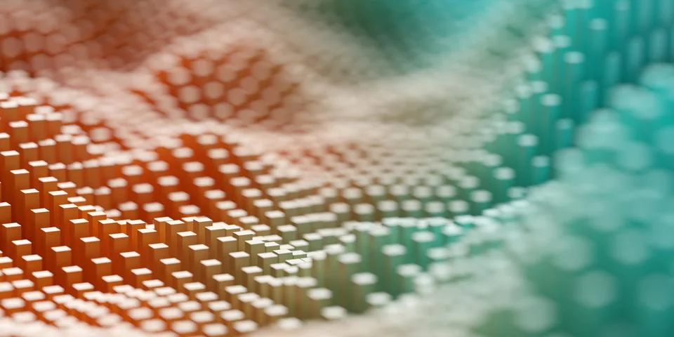 Waves from green and orange gradient cube or box mesh array background, abstr 스톡 일러스트