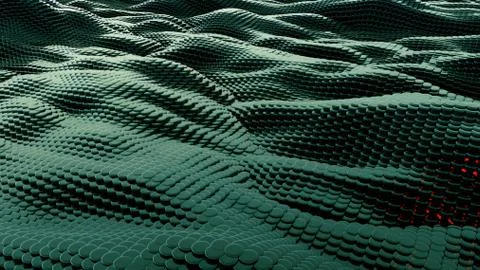Waves green metallic liquid with reflections. 3D rendering Illustrazione stock