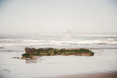 Waves have broken over a flat rock, covering it in white water. Stock Photos