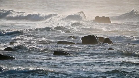 Waves hit the rocks before the typhoon. Sky Clouds Dramatic landscape. Stock Footage 243291046