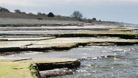 Waves Hits Limestone Rock Formations at Neptune's fields, Oland island, Sweden Vídeos de archivo 208633877