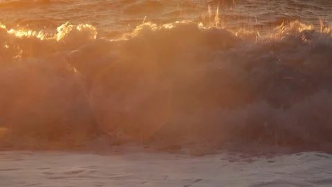 Waves Hitting Beach at Sunset Stock Footage 93016498