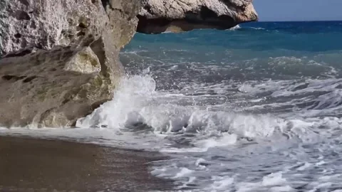 Waves Hitting Rock at Aphrodites Beach, Cyprus Stock Footage 330860941