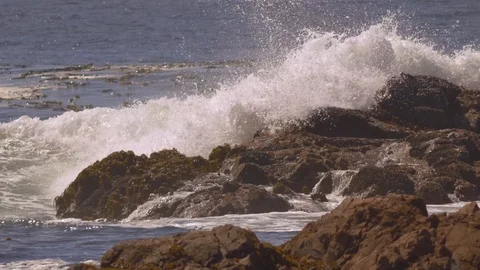 Waves hitting the rock by the coast of Pacific Ocean Video stock 98734676