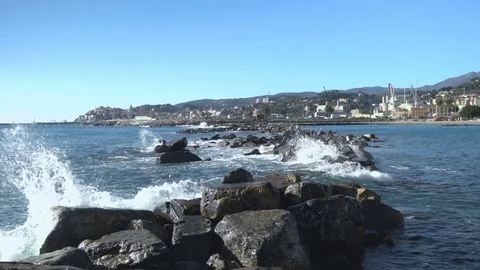 Waves Hitting Rocks in the Sea Video stock 83355972