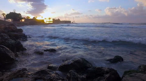 Waves hitting the rocks at seashore in Sidon, Lebanon Video stock 61862130