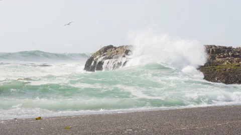 Waves hitting rocks on the shore of the beach Stock Footage 138040218