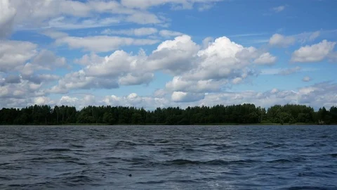 Waves on the lake in the forest. Blue sky and clouds Stock Footage