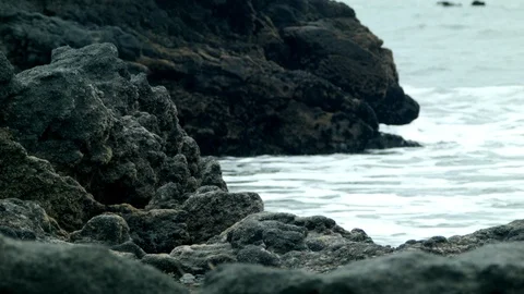 Waves lap volcanic rock on the beach Stock Footage 89702577
