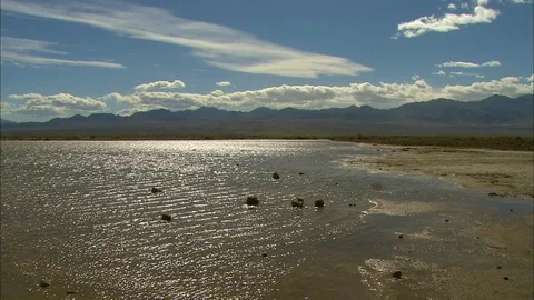 Waves lapping up on desert lake shore Stock Footage 87784943