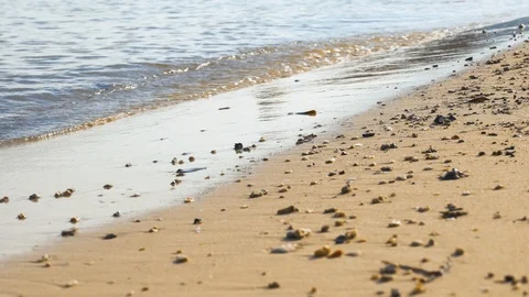 Waves lapping on the shore of a sandy beach with pebbles Video stock 94107402