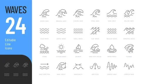 Waves line editable icons set. Stock Illustration