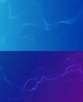 Waves of many lines flowing particles. Abstract wavy stripes on blue gradient Stockillustratie