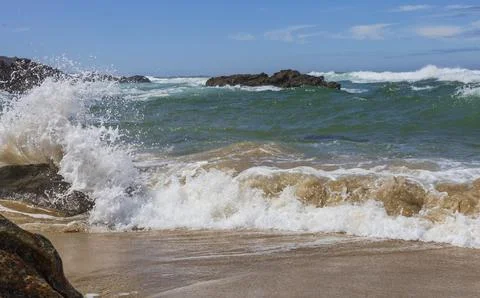 The waves in Mar de Fora Beach, a landmark in the Atlantic coast of Spain. Foto stock
