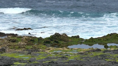 Waves meet green rocks Stock Footage 94709031