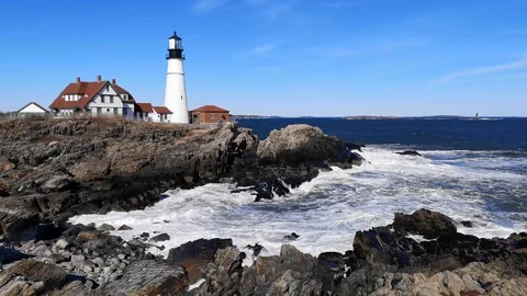 Waves near Portland Lighthouse in Maine Stock Footage