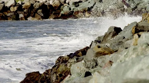 The waves of the ocean are beating against the rocky cliffs Stock Footage 74407296