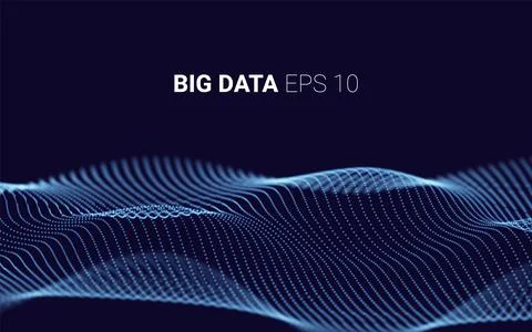 Waves With Particles on Dark Background. Complex Lines Consisting Graphic. Fu Stock Illustration