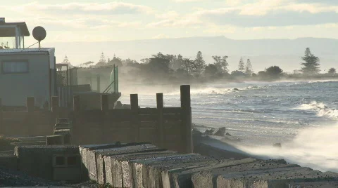 Waves pound coastal properties  Stock Footage 377614