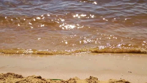 The waves of the river beat against the sandy shore in sunny summer day. Stock Footage 145686236