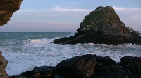 Waves in the rock of the middle island Stock Footage 35871465