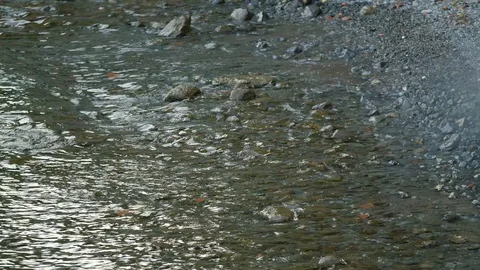 Waves roll on blue gray and brown pebbles on a summer day at sunset Stock Footage 128428553