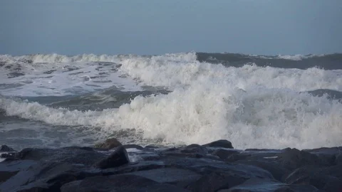 Waves rolling on the beach is a stormy day, winter mediterranean sea. Focene, Stock Footage 95622257