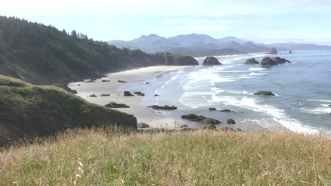 Waves rolling on Canon beach on the West Coast, Ecola State Park Stock Footage 194763378