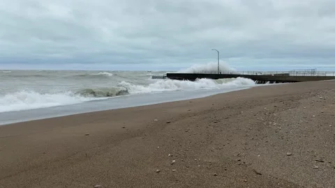 Waves Rolling in from Lake Michigan Stock Footage 154812573