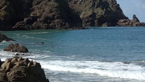 Waves Rolling in to Plemont Beach on Jersey Channel Island Stock-Footage 87697918