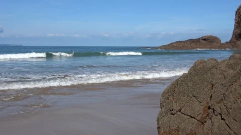 Waves Rolling in to Plemont Beach on Jersey Channel Island Stock-Footage 87697933