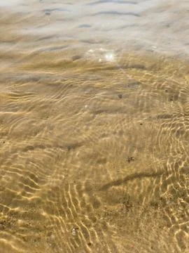 Waves rolling onto sandy shore with sunlight glistening on water surface, t.. Stock Photos