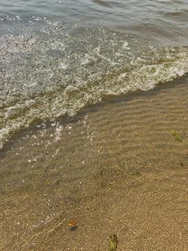 Waves rolling onto sandy shore with sunlight glistening on water surface, t.. Stock Photos