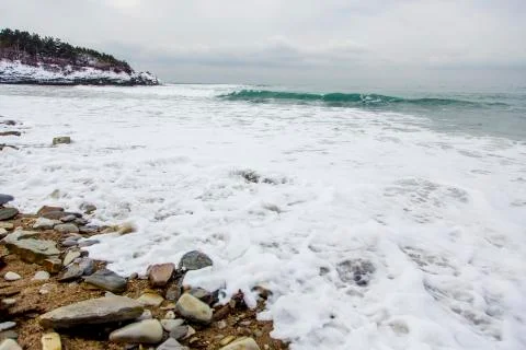 Waves run on the snow-covered beach of Gelendzhik Stock Photos