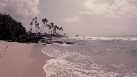 Waves, running into the sand, in the distance high palm trees on the rocks Video stock 86689158