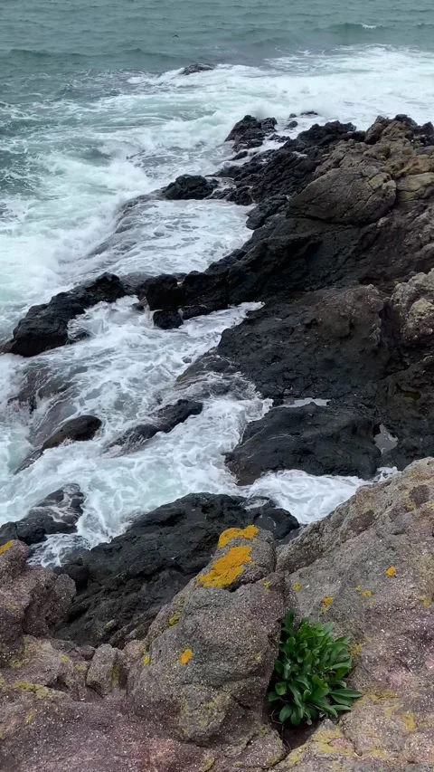 The waves of the sea are hitting big rocks and rocks. Sozopol, Bulgaria. 4k Video stock 342795029
