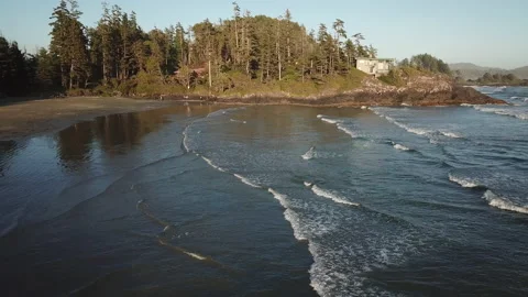 Waves at sea in canada. white waves at sea Shooting from a drone. Forest by the  Video stock 150684786