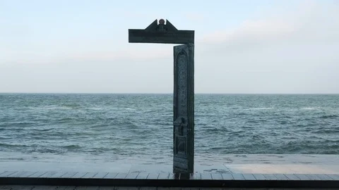 Waves at sea. Monument open door Langeron Odessa. Ukraine 05/01/2019 Stock Footage 102274876