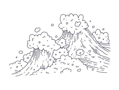 Waves sea ocean. Vector bursts splash with foam and bubbles. Outline doddle Stock Illustration
